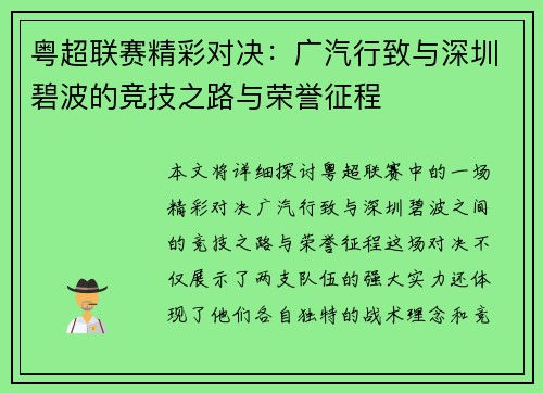 粤超联赛精彩对决：广汽行致与深圳碧波的竞技之路与荣誉征程